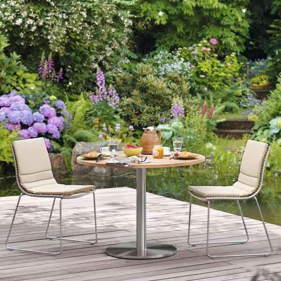 Ronda Single-Pedestal Table Stainless Steel 90 x 90 with teak top