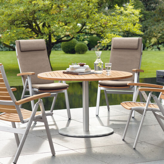 Ronda Single-Pedestal Table Stainless Steel Ø 120 with teak top