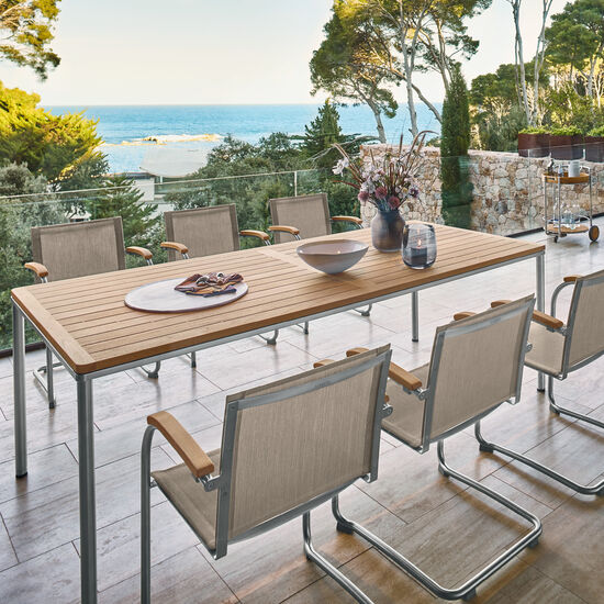 Portland Table Stainless Steel 220 x 100, with teak top