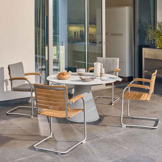 Namur Single-Pedestal Table lightweight concrete round 120 table top terrazzo mosaic