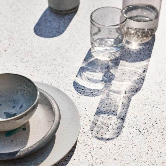 Namur Single-Pedestal Table lightweight concrete round 150 table top terrazzo mosaic