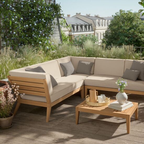 Valencia Lounge Chaise Longue with armrest left in the design "Linum/seams Pearl"